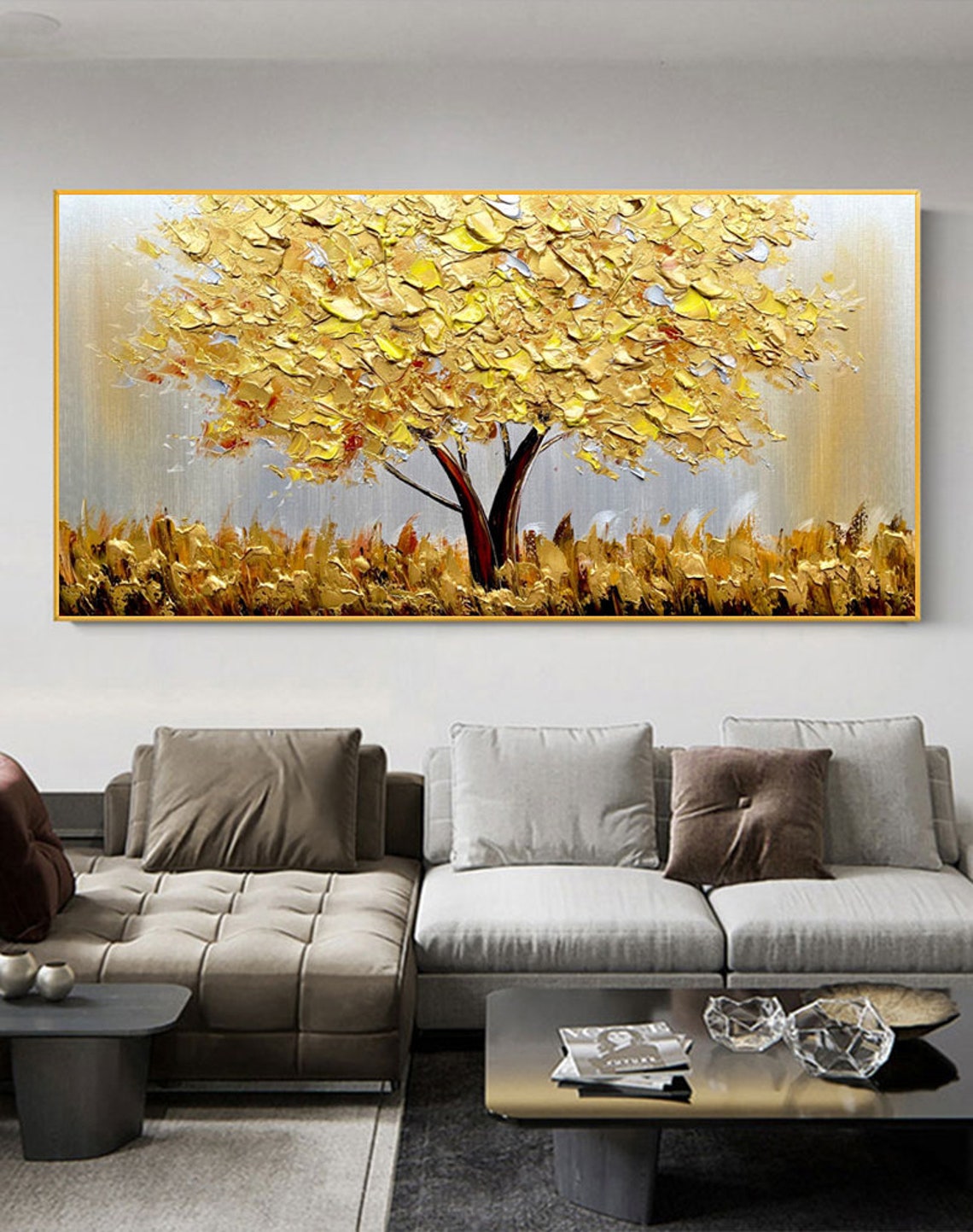 Home Decor Essentials - Kwitnące Złote Drzewo na Płótnie Abstrakcyjny